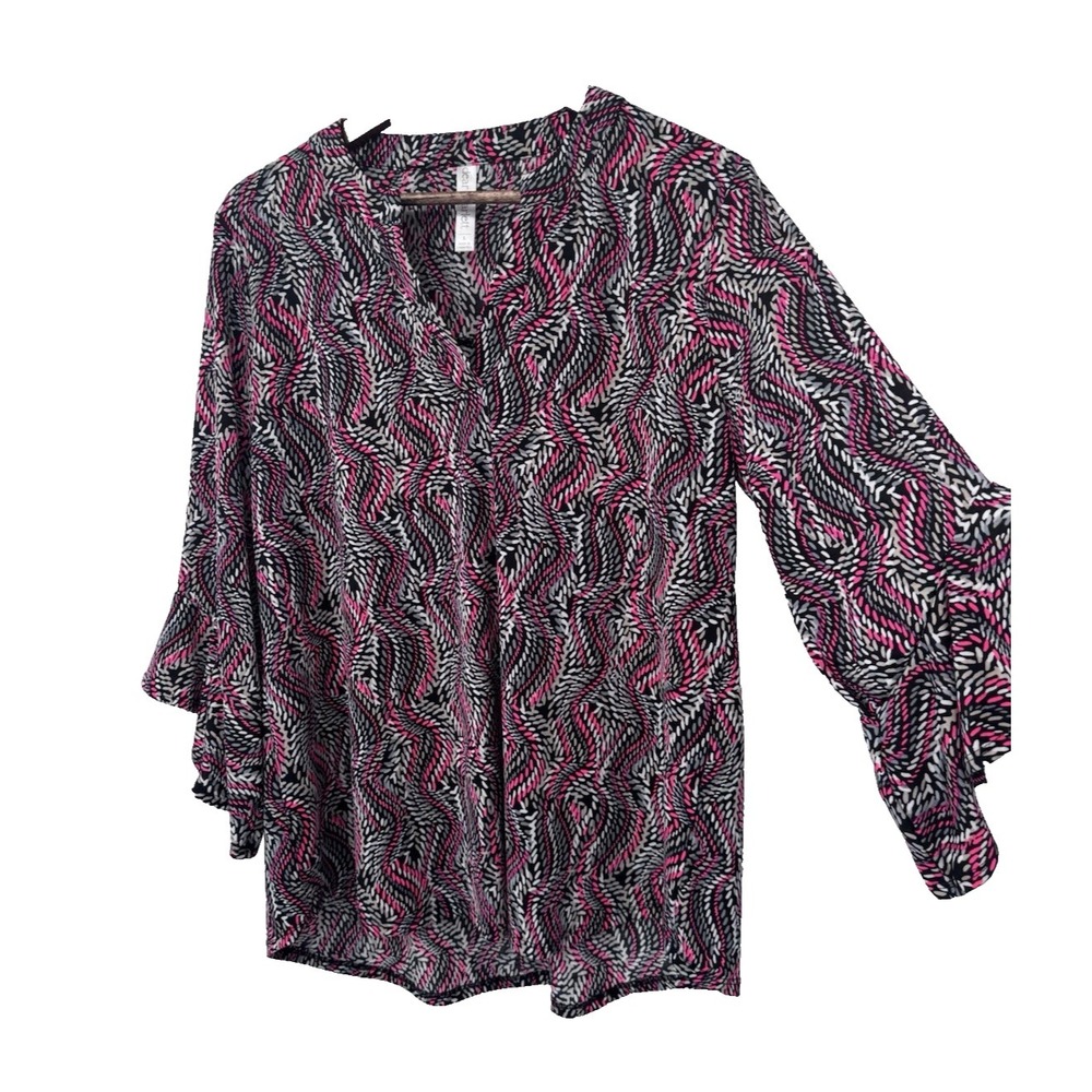 Fuchsia Black Gray 3/4 Bell Sleeve Tunic artsy boho festival stretch soft L